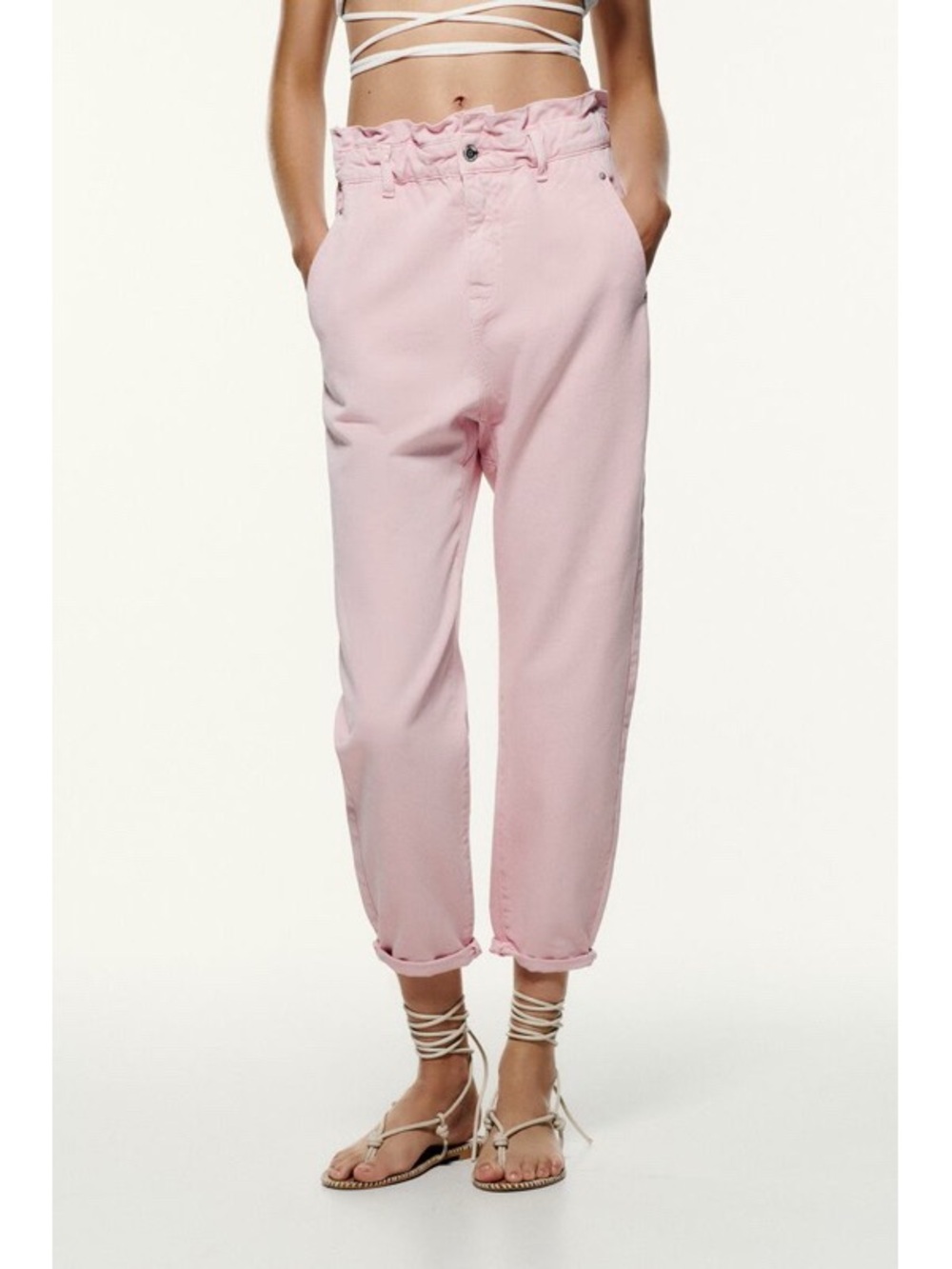 Zara Light Pink High-Waist Paperbag Jeans